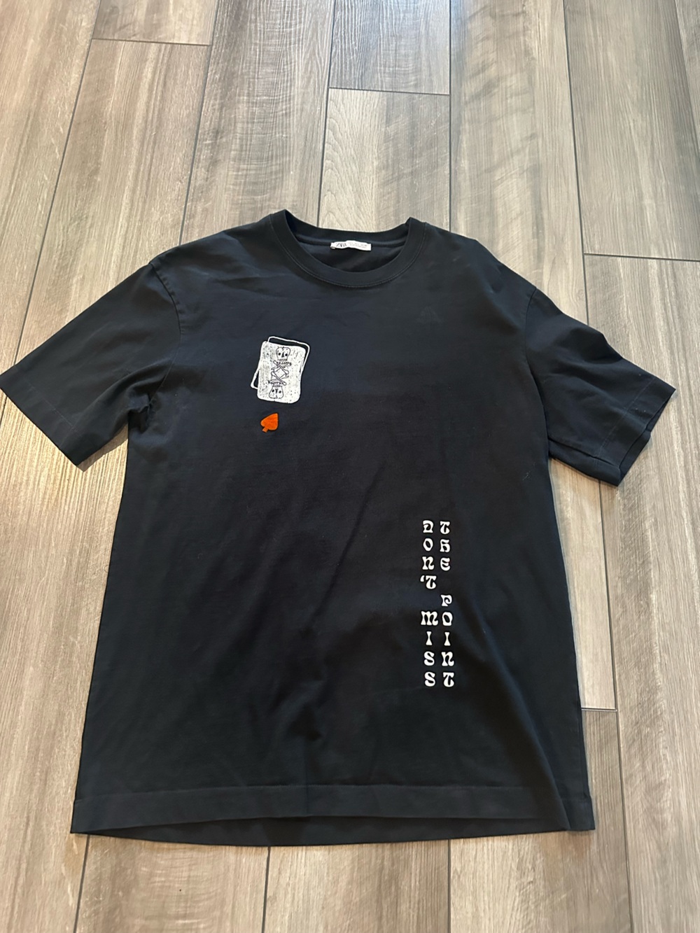 Zara Black Graphic Tee with White Lettering and Orange Heart